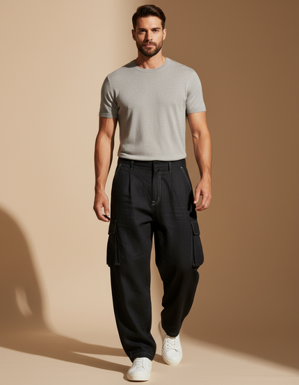 Pantalon Baggy Noir Ample Cargo Couture Blanche Homme - Toile