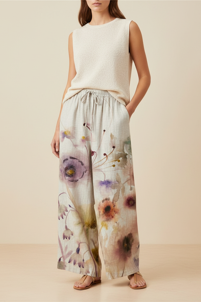 Pantalon Baggy Fleuri Ample Lin Décontracté Femme - Multicolore