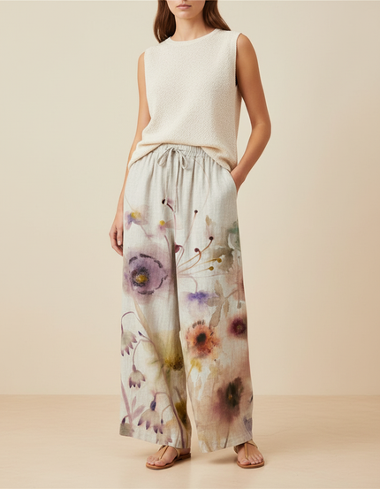Pantalon Baggy Fleuri Ample Lin Décontracté Femme - Multicolore