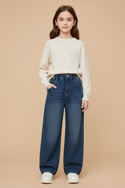 Pantalon Baggy Jean Bleu Ample Taille Élastique
