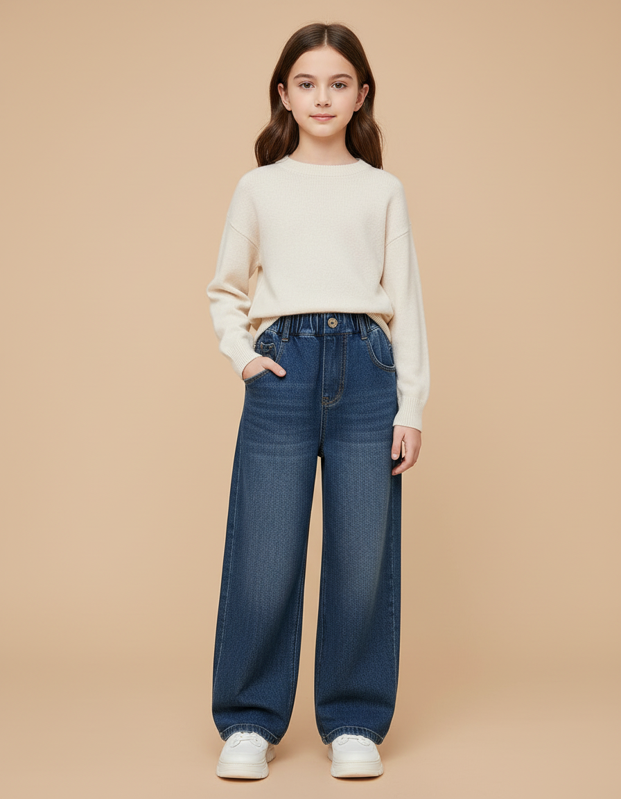 Pantalon Baggy Jean Bleu Ample Taille Élastique