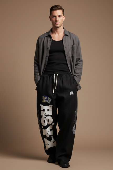 Pantalon Baggy Noir Ample Graphique Cordon Homme - Toile