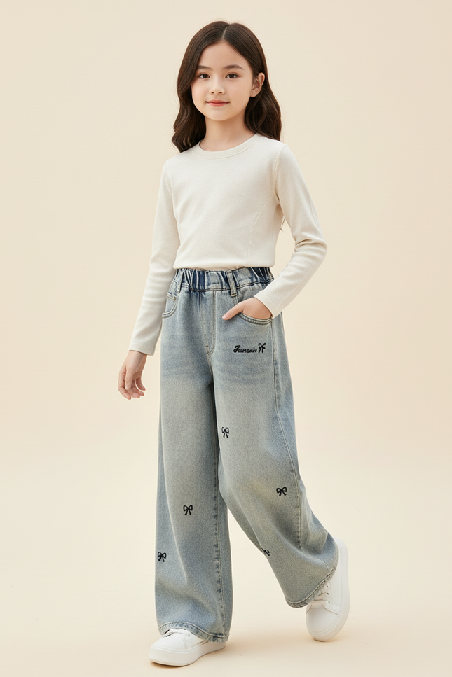 Pantalon Baggy Jean Bleu Brodé Nœuds Fille