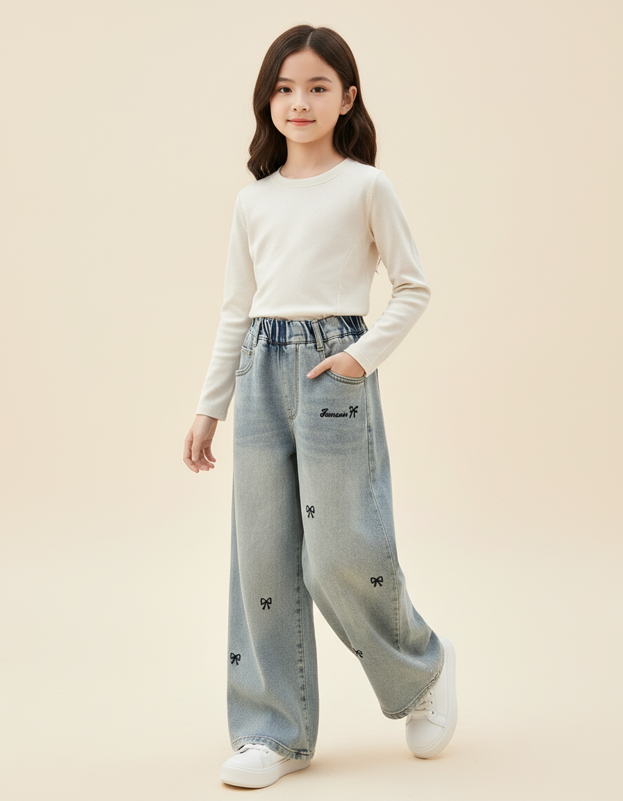 Pantalon Baggy Jean Bleu Brodé Nœuds Fille