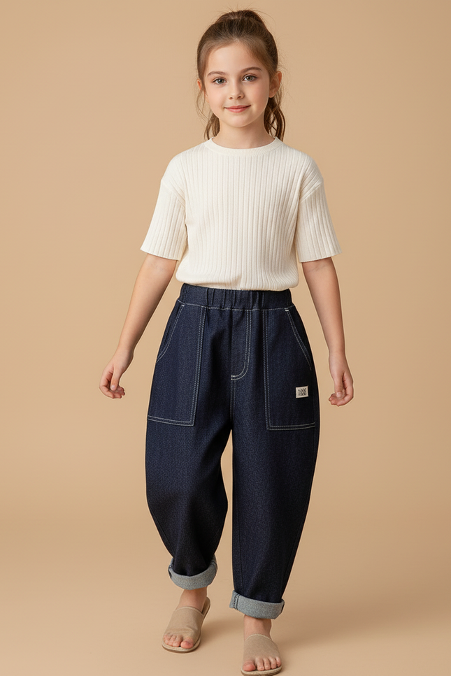 Pantalon Baggy Denim Bleu Marine Ample Enfant Décontracté - Jean