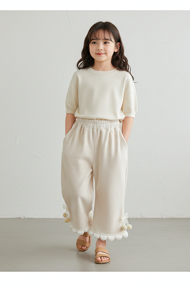 Pantalon Baggy Crème Ample Pompons Scallop Fille - Beige Maille