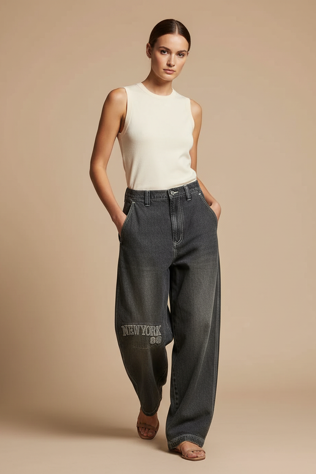 Pantalon Baggy Gris Denim Large Brodé Femme - Jean
