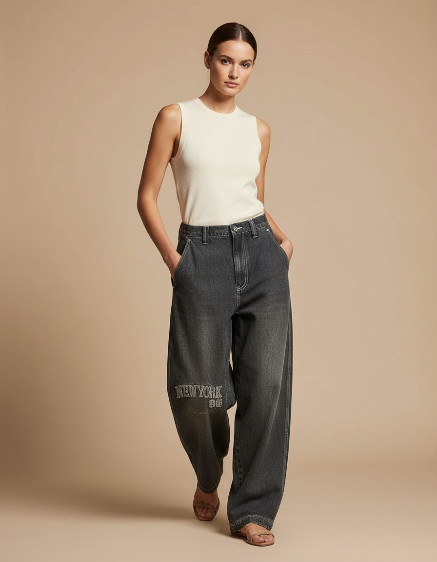 Pantalon Baggy Gris Denim Large Brodé Femme - Jean