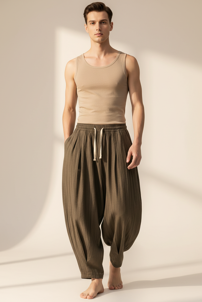 Pantalon Baggy Kaki Ample Lin Plissé Décontracté Homme
