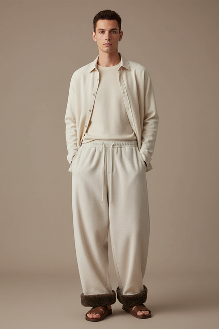 Pantalon Baggy Crème Côtelé Doublé Hiver Homme - Beige Cordé
