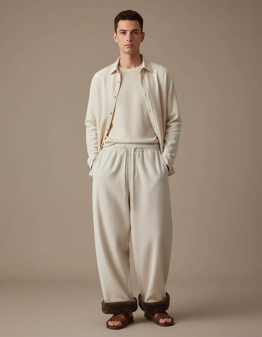 Pantalon Baggy Crème Côtelé Doublé Hiver Homme - Beige Cordé