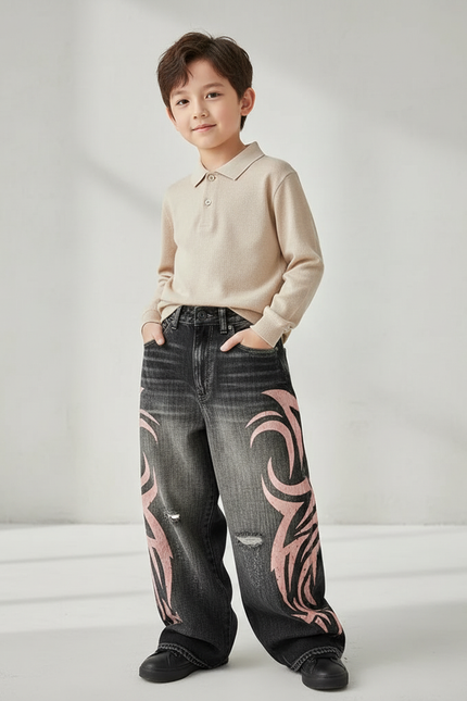 Pantalon Baggy Jean Délavé Imprimé Rose Tribal - Gris