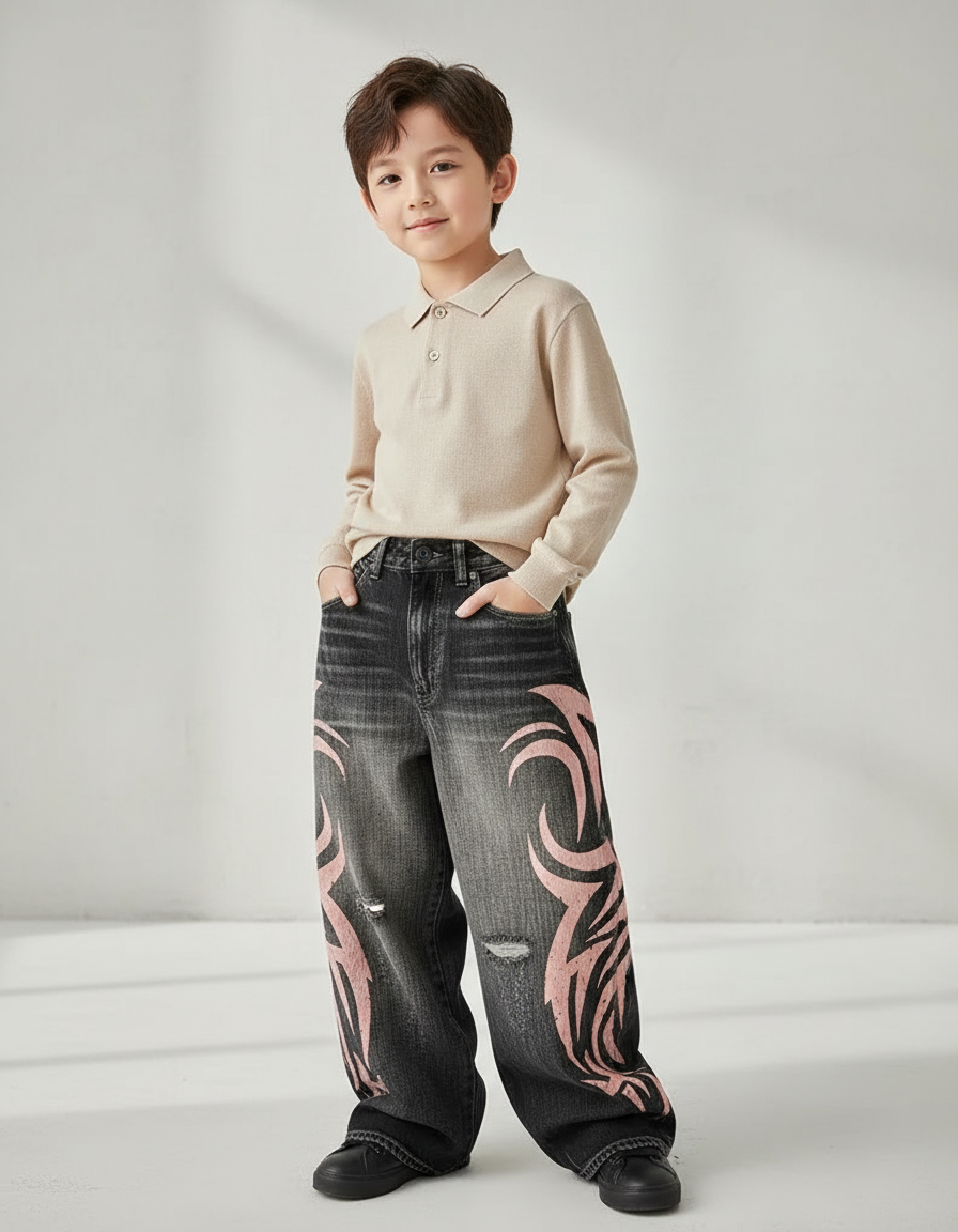 Pantalon Baggy Jean Délavé Imprimé Rose Tribal - Gris
