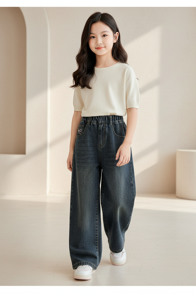 Pantalon Baggy Jean Bleu Ample Fille Brodé - Marine