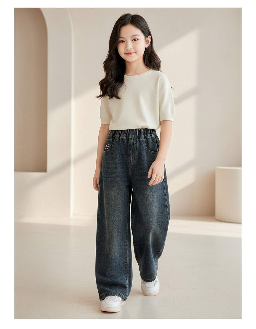 Pantalon Baggy Jean Bleu Ample Fille Brodé - Marine