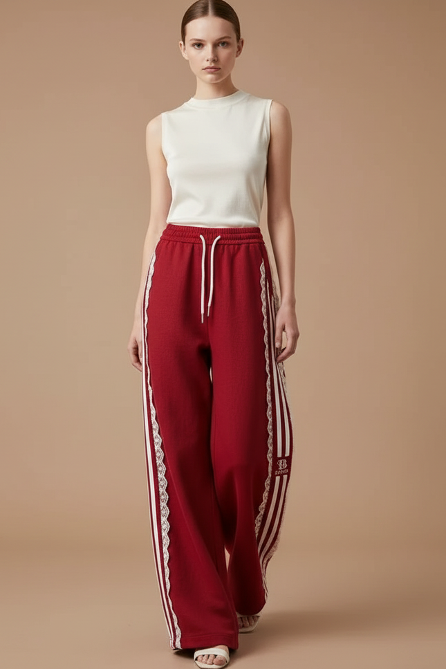 Pantalon Baggy Rouge Rayures Blanches Dentelle Fluide - Molleton
