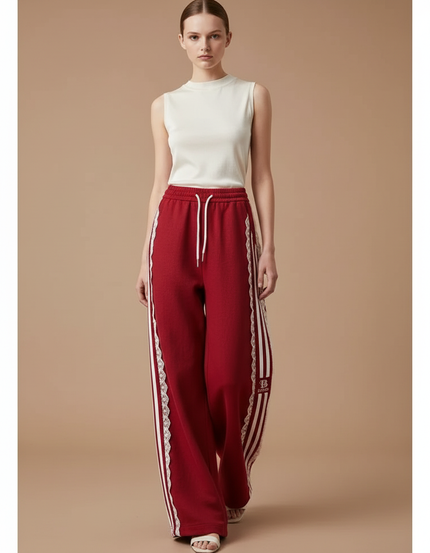 Pantalon Baggy Rouge Rayures Blanches Dentelle Fluide - Molleton