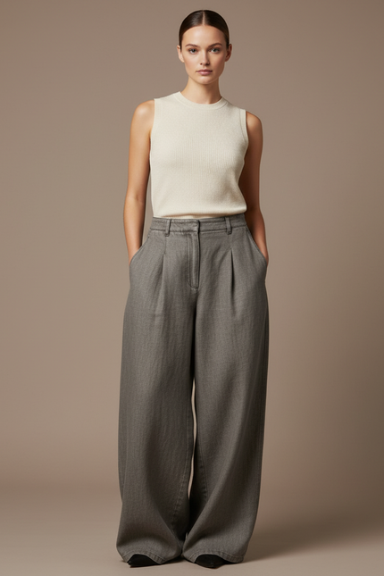 Pantalon Baggy Gris Plissé Ample Taille Haute - Gabardine