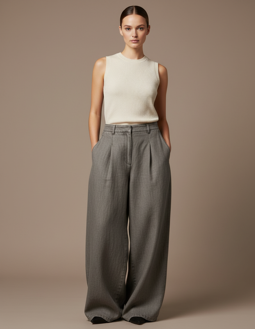 Pantalon Baggy Gris Plissé Ample Taille Haute - Gabardine