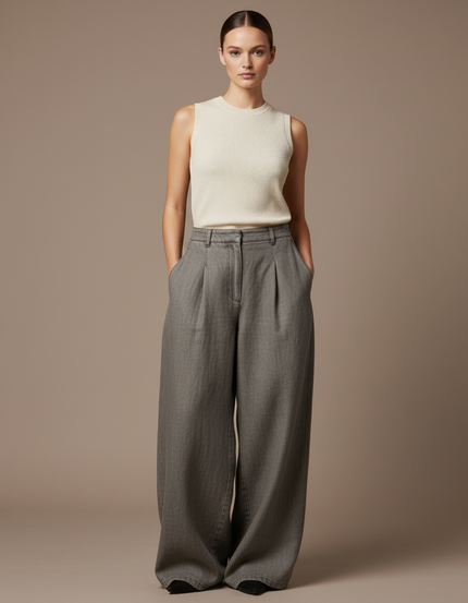 Pantalon Baggy Gris Plissé Ample Taille Haute - Gabardine