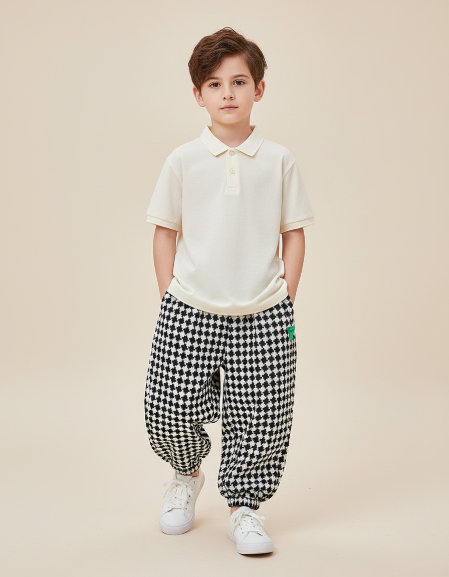 Pantalon Baggy Carreaux Noir Blanc Molletonné Garçon - Multicolore