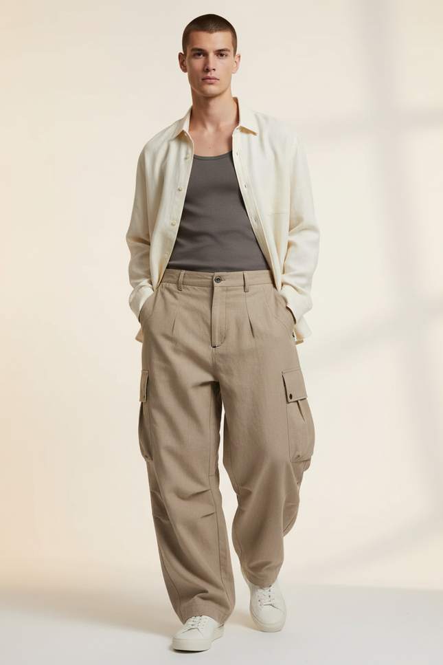 Pantalon Baggy Cargo Ample Plissé Beige Homme - Lin