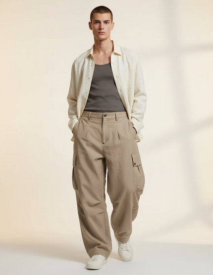 Pantalon Baggy Cargo Ample Plissé Beige Homme - Lin
