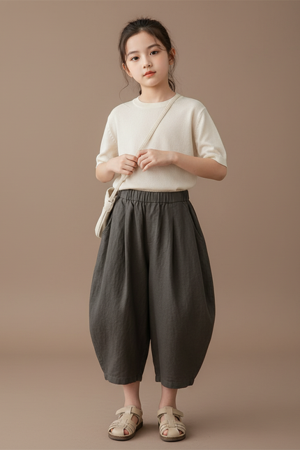 Pantalon Baggy Gris Lin Ample Plissé Confortable Fille