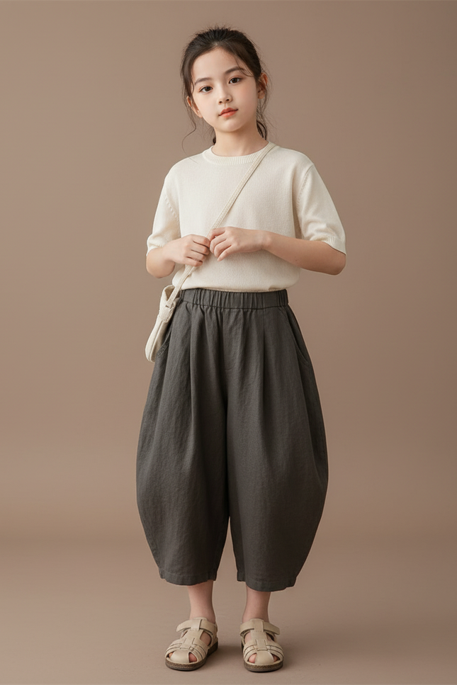 Pantalon Baggy Gris Lin Ample Plissé Confortable Fille