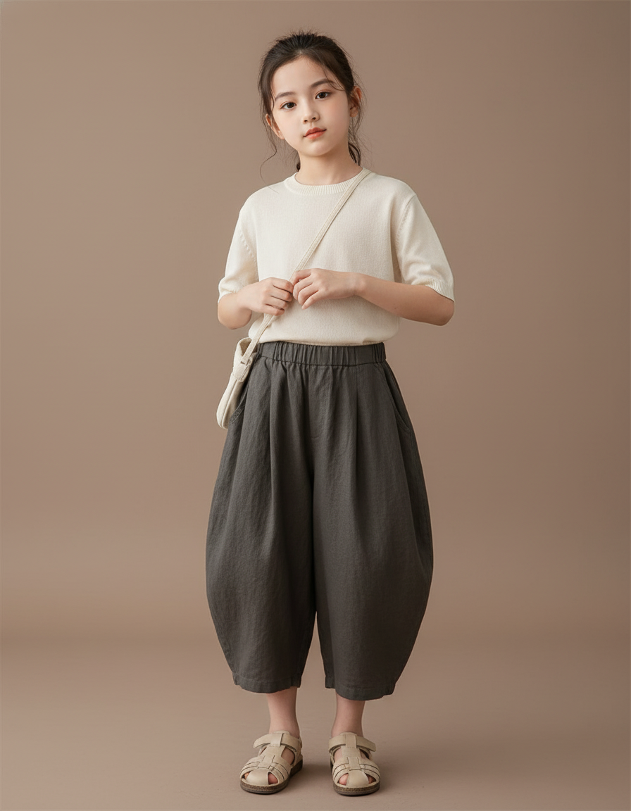 Pantalon Baggy Gris Lin Ample Plissé Confortable Fille