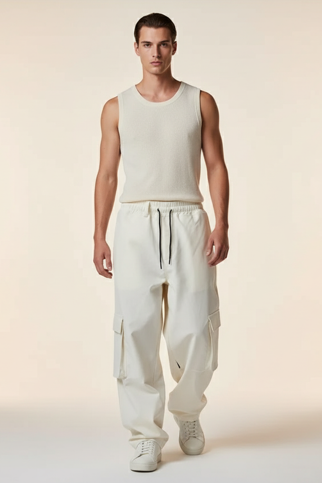Pantalon Baggy Cargo Ample Blanc Cassé Coton Homme