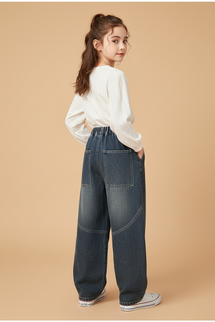Pantalon Baggy Jean Denim Ample Rétro Fille - Marine