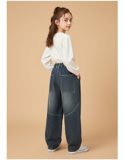 Pantalon Baggy Jean Denim Ample Rétro Fille - Marine