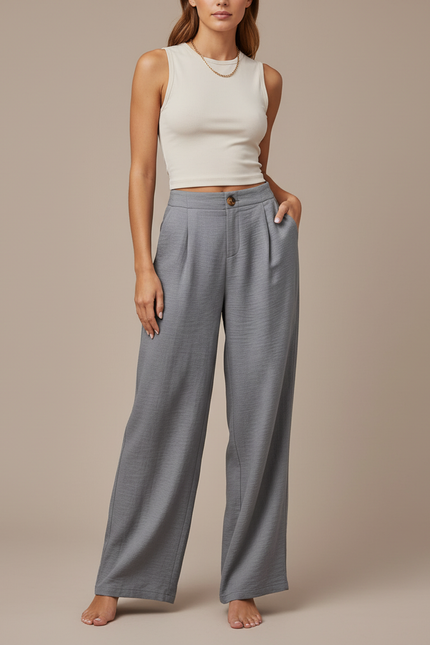 Pantalon Baggy Gris Plissé Ample Fluide Élégant - Viscose