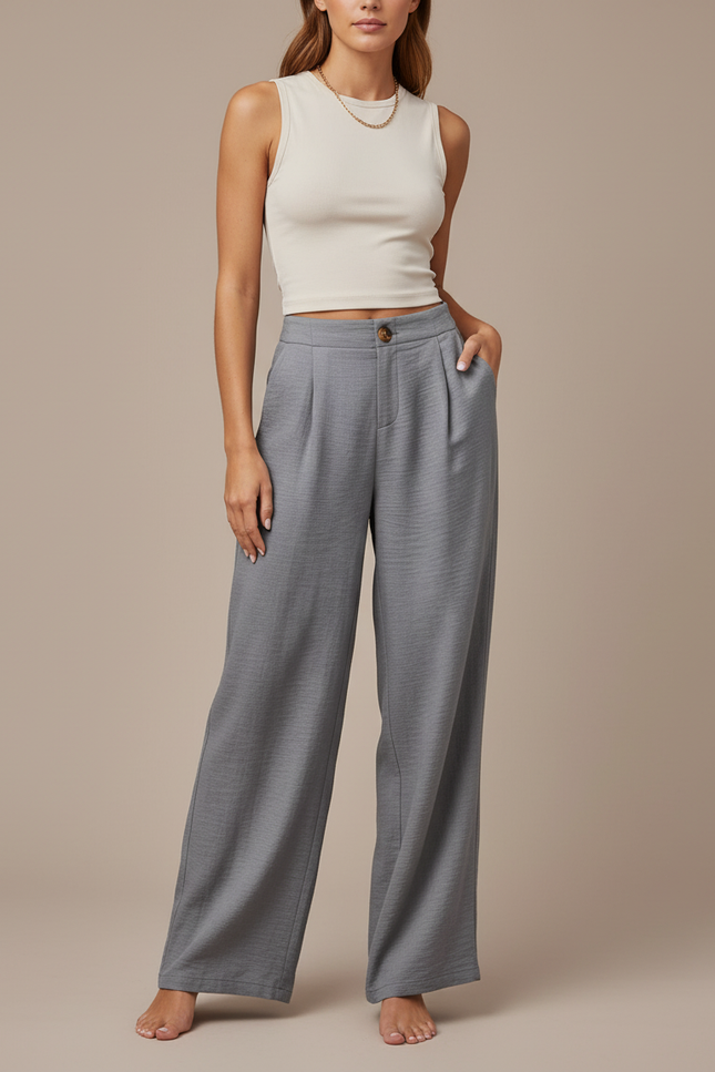 Pantalon Baggy Gris Plissé Ample Fluide Élégant - Viscose