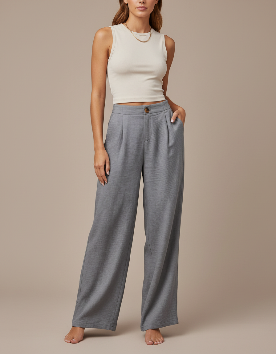 Pantalon Baggy Gris Plissé Ample Fluide Élégant - Viscose