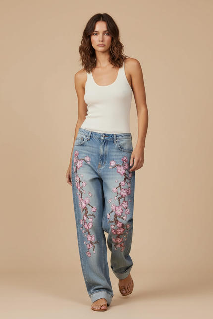Pantalon Baggy Denim Fleur Brodé Ample Décontracté - Bleu Jean
