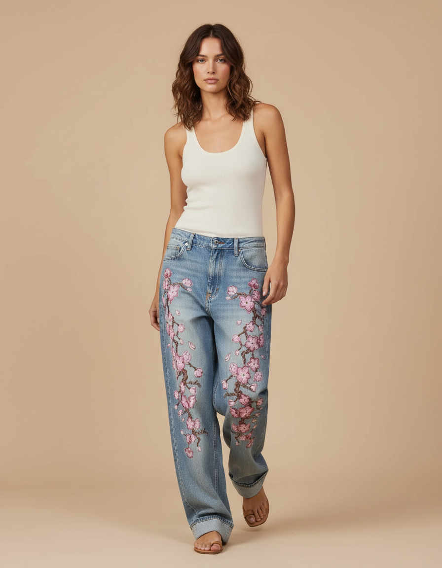 Pantalon Baggy Denim Fleur Brodé Ample Décontracté - Bleu Jean