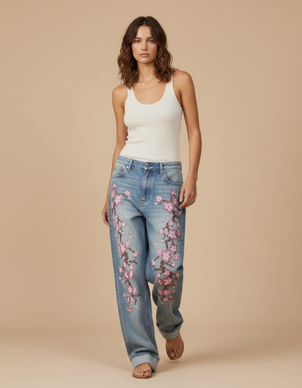 Pantalon Baggy Denim Fleur Brodé Ample Décontracté - Bleu Jean
