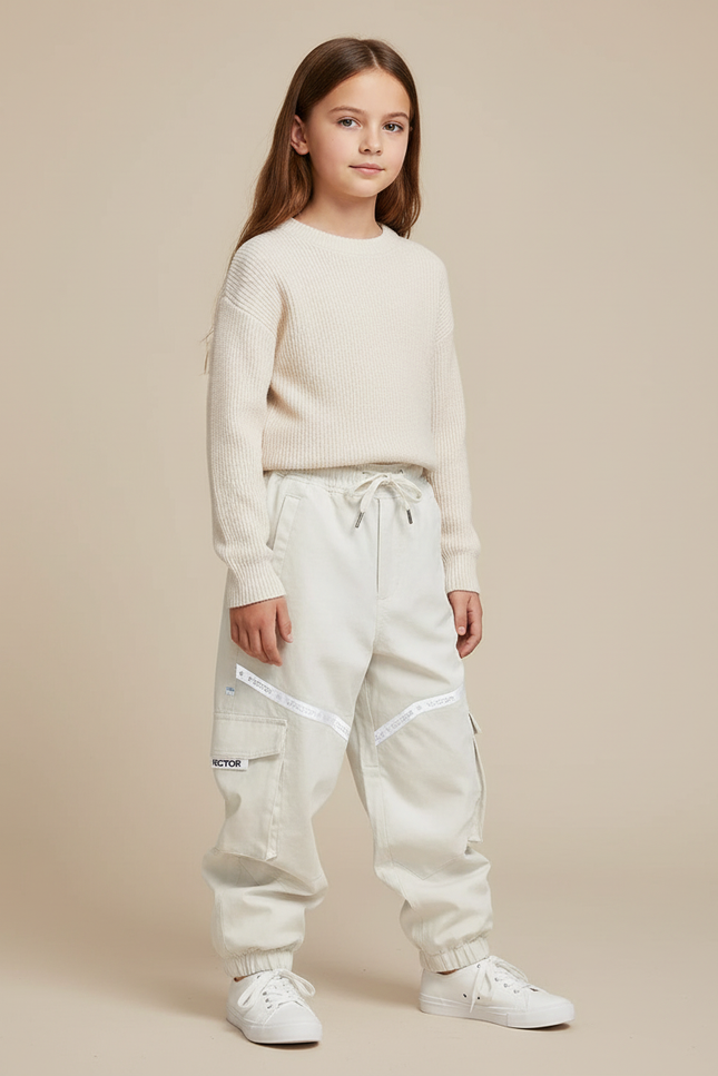 Pantalon Baggy Blanc Cassé Cargo Décontracté Fille - Beige Coton