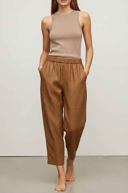 Pantalon Baggy Marron Ample Taille Élastique Femme - Lin