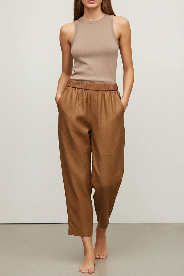 Pantalon Baggy Marron Ample Taille Élastique Femme - Lin