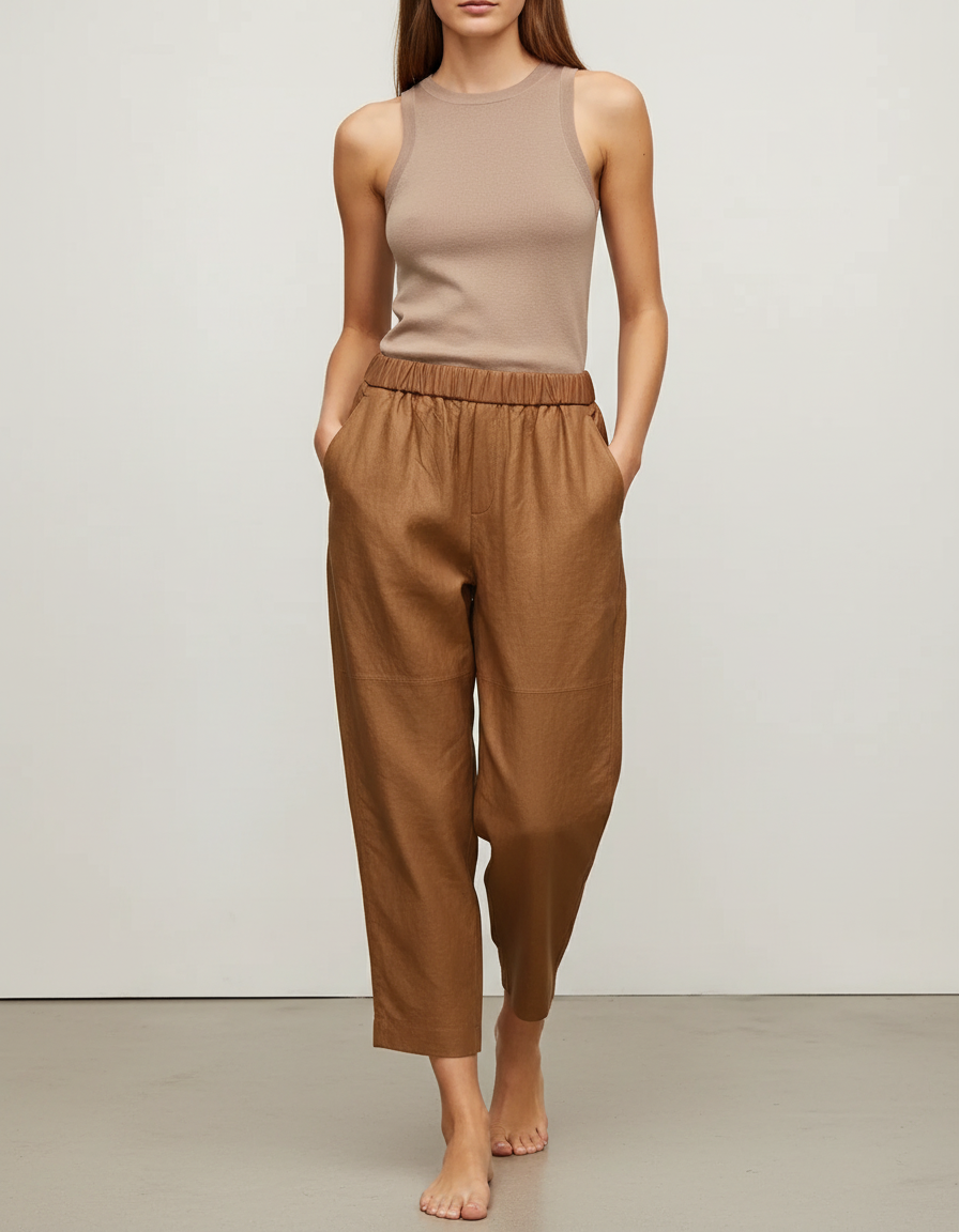 Pantalon Baggy Marron Ample Taille Élastique Femme - Lin