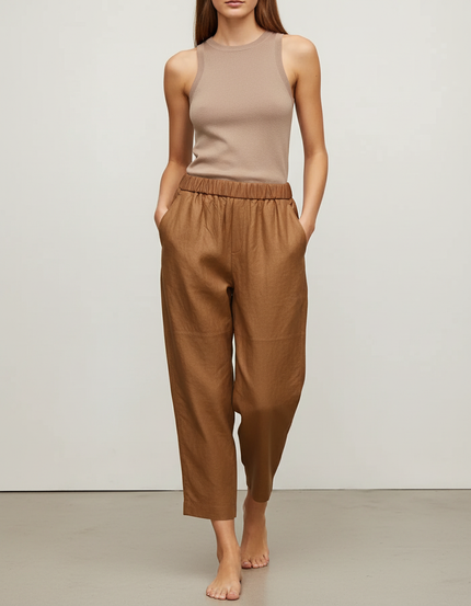 Pantalon Baggy Marron Ample Taille Élastique Femme - Lin