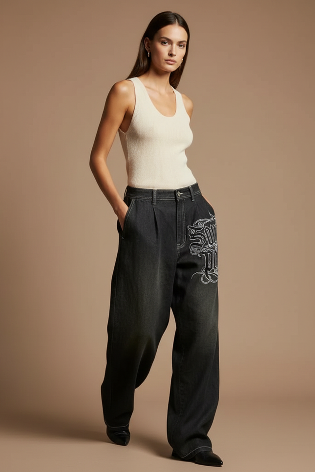 Pantalon Baggy Noir Brodé Ample Streetwear Y2K - Jean