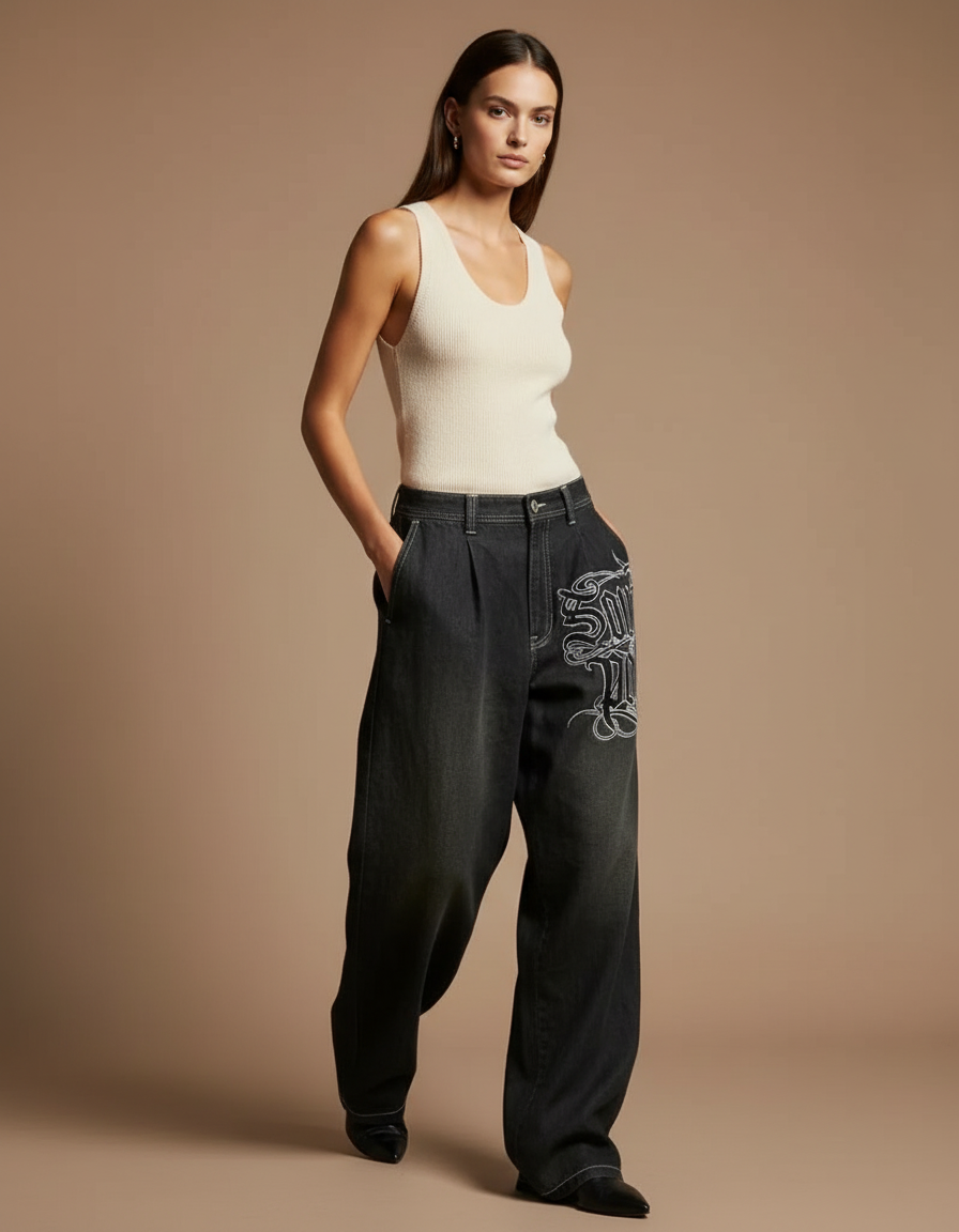 Pantalon Baggy Noir Brodé Ample Streetwear Y2K - Jean