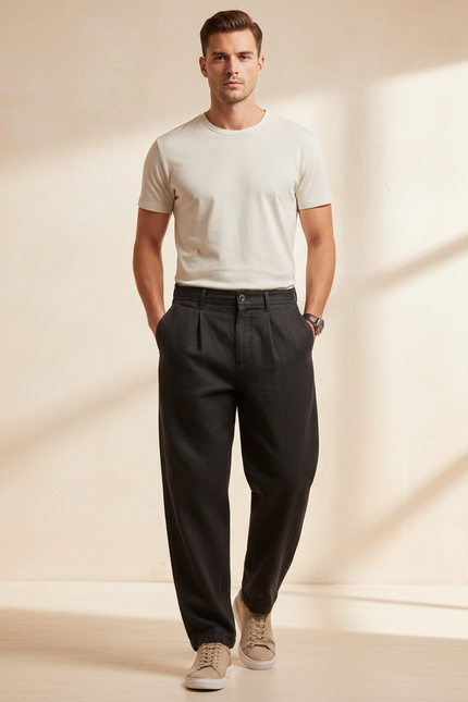 Pantalon Baggy Noir Ample Plissé Coton Décontracté - Lin