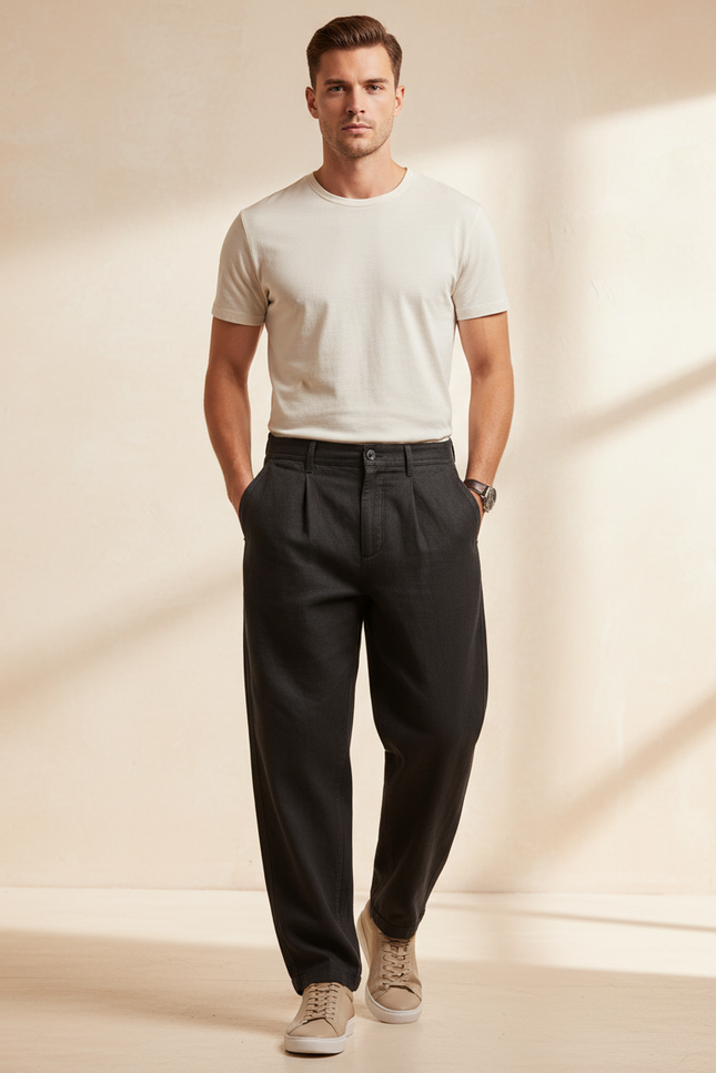 Pantalon Baggy Noir Ample Plissé Coton Décontracté - Lin