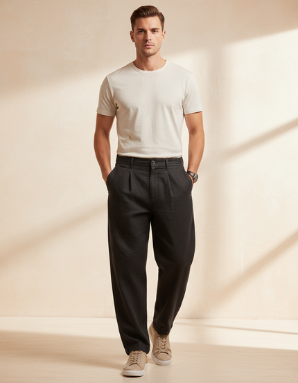 Pantalon Baggy Noir Ample Plissé Coton Décontracté - Lin