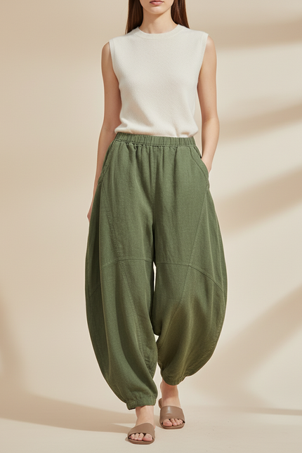 Pantalon Baggy Vert Lin Ample Décontracté Confortable - Kaki